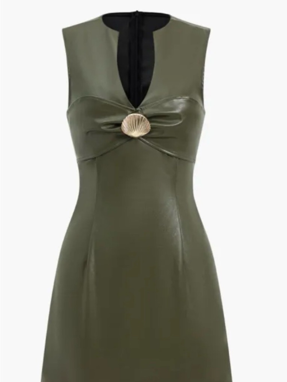 Micas Olive Green Sleeveless Faux-Leather Dress with Decorative Shell Accent